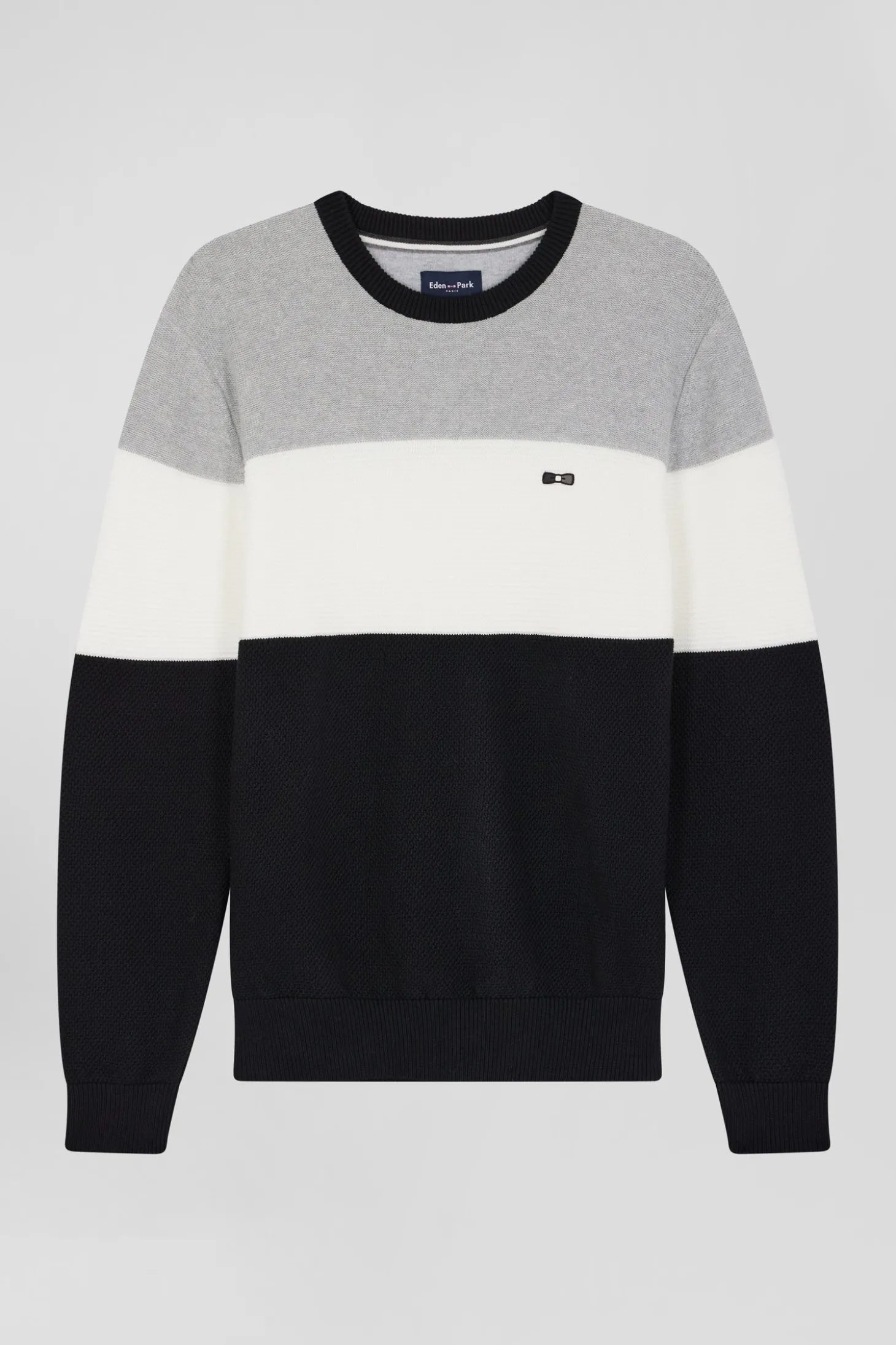 Regular grey and white cotton crew neck jumper with knit patterns