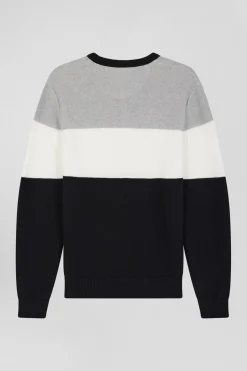 Regular grey and white cotton crew neck jumper with knit patterns