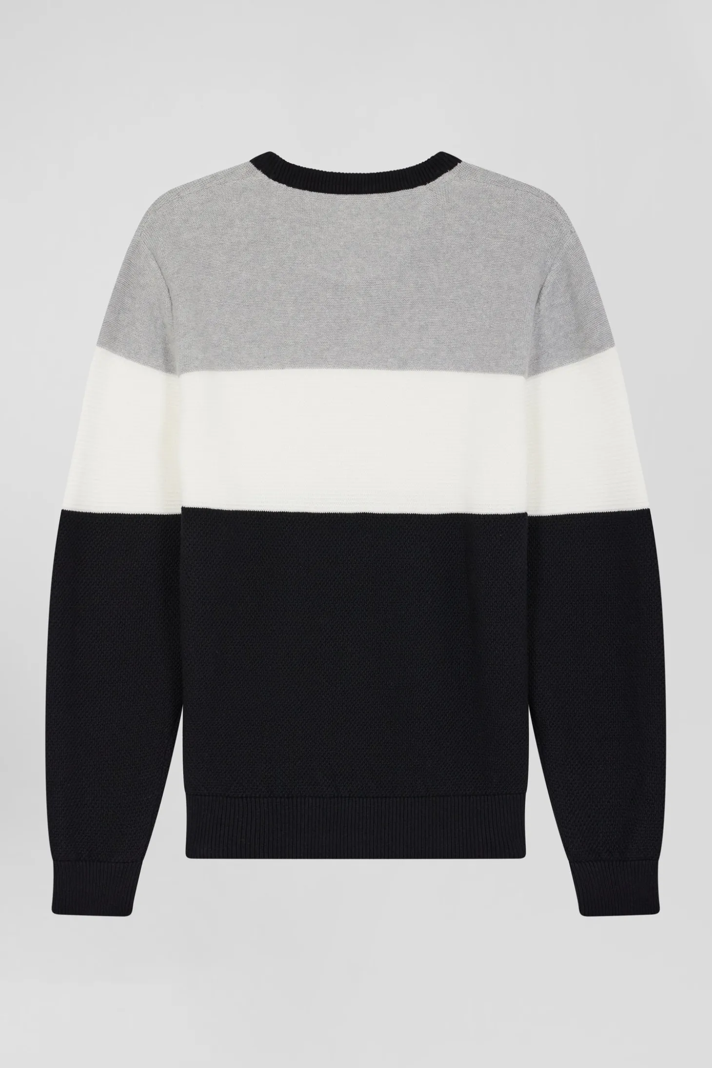 Regular grey and white cotton crew neck jumper with knit patterns