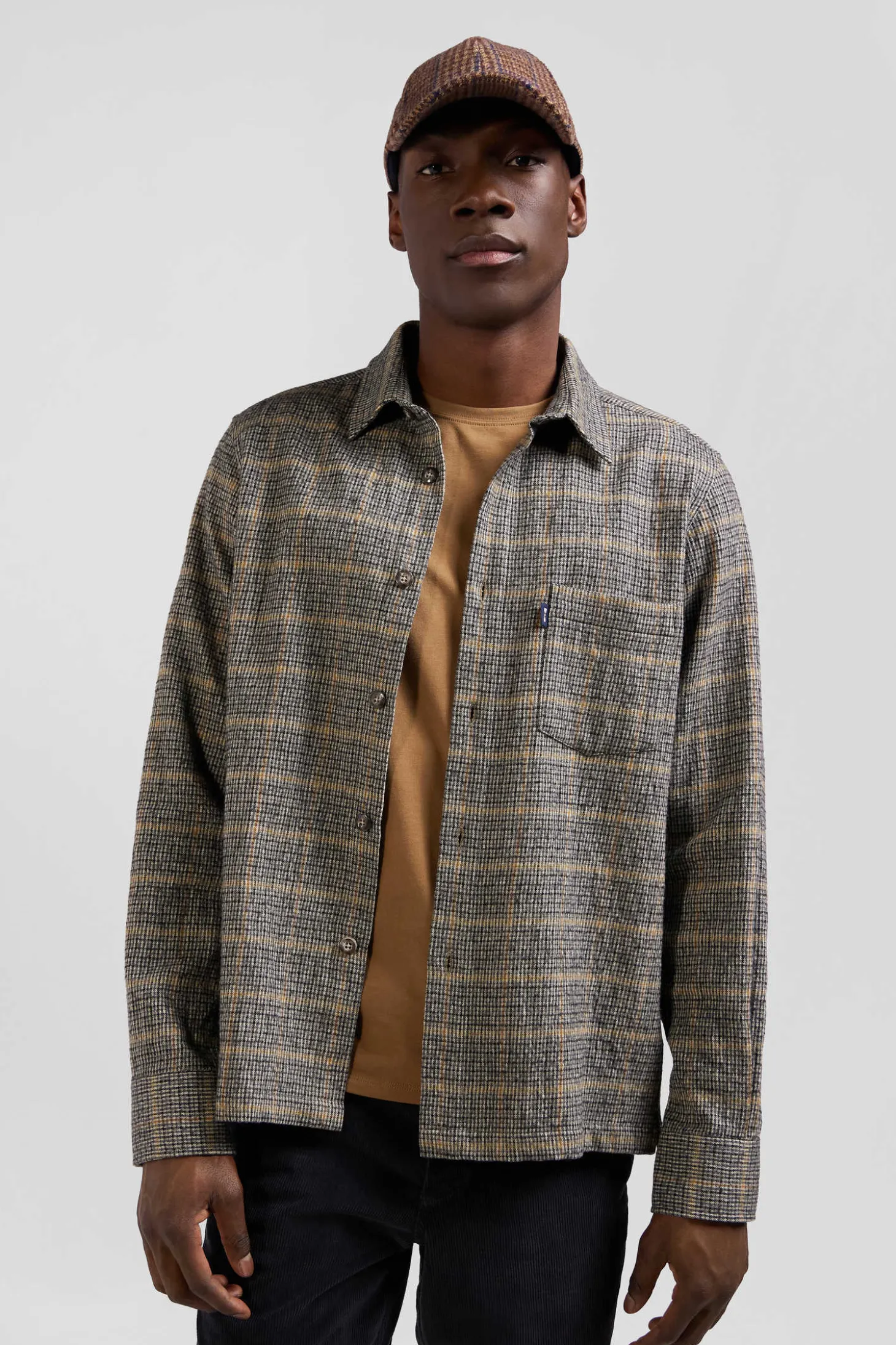 Regular grey checked wool and cotton overshirt