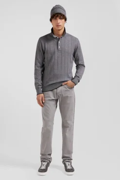 Regular grey cotton and cashmere jumper with rugby shirt collar