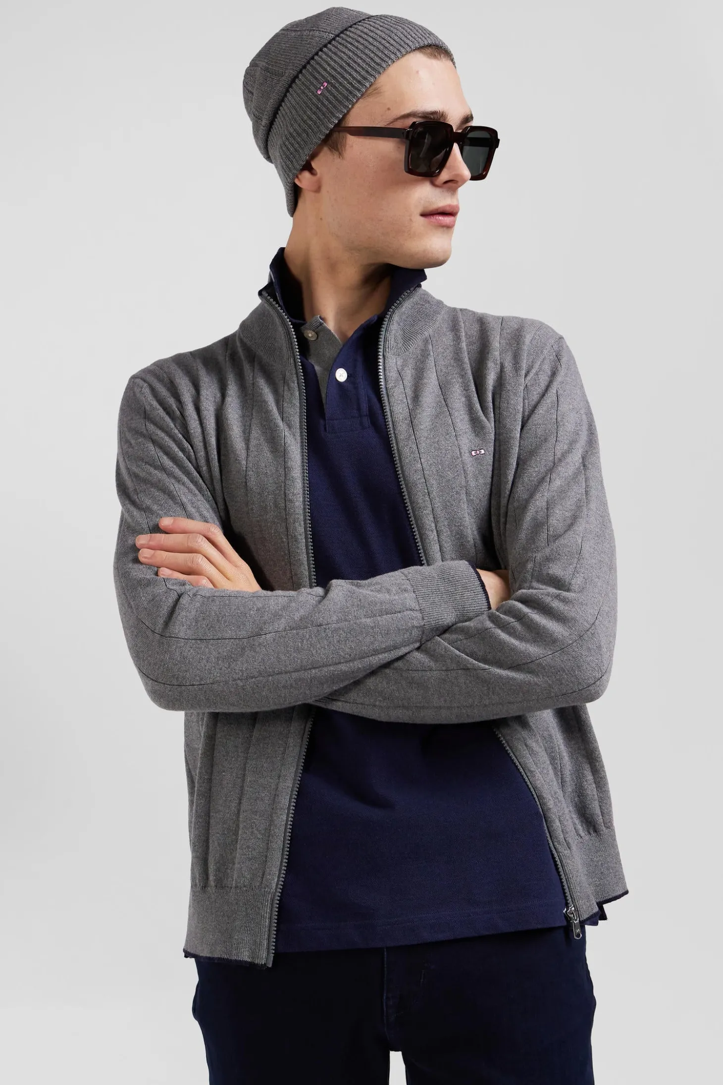 Regular grey cotton and cashmere zipped cardigan with vertical stripes