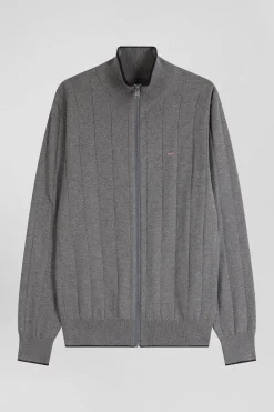 Regular grey cotton and cashmere zipped cardigan with vertical stripes
