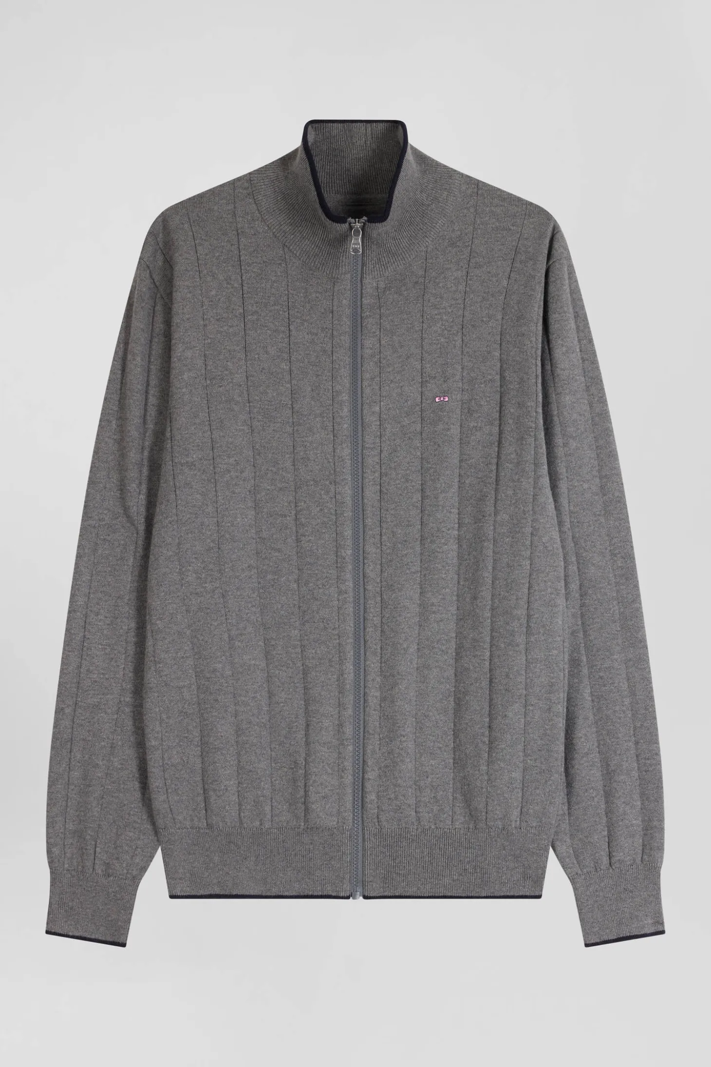 Regular grey cotton and cashmere zipped cardigan with vertical stripes
