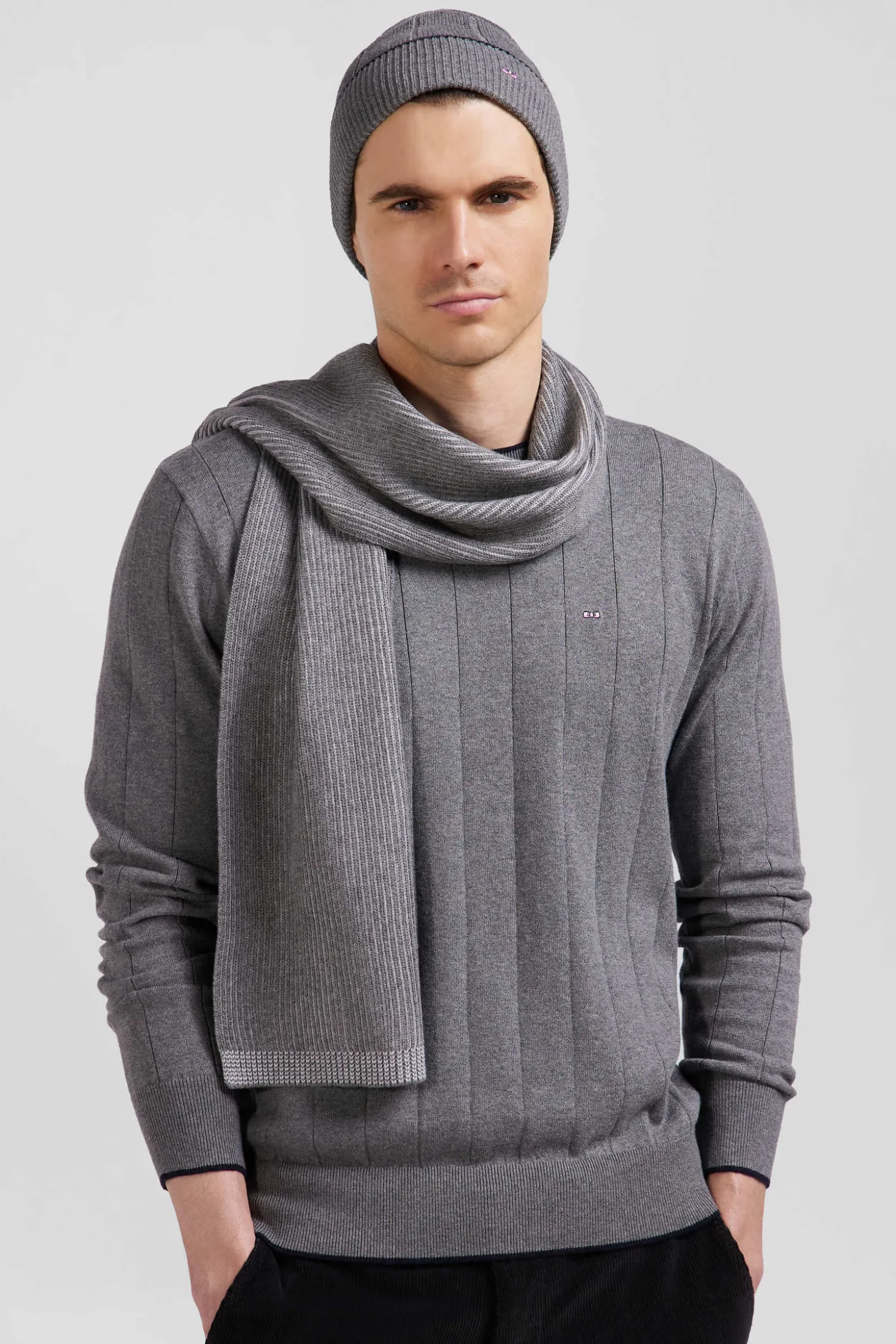 Regular grey cotton and cashmere crew neck jumper