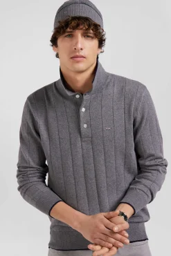 Regular grey cotton and cashmere jumper with rugby shirt collar