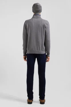 Regular grey cotton and cashmere zipped cardigan with vertical stripes