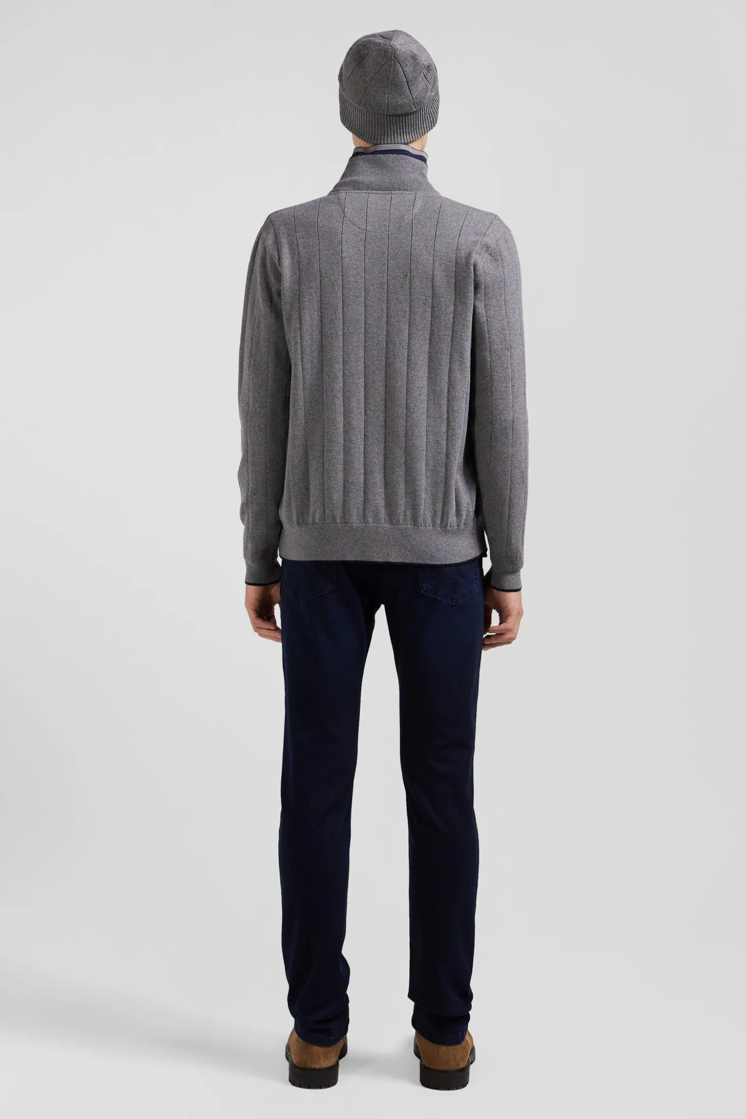 Regular grey cotton and cashmere zipped cardigan with vertical stripes