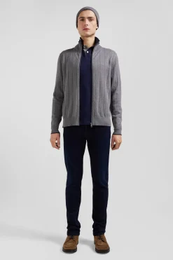 Regular grey cotton and cashmere zipped cardigan with vertical stripes