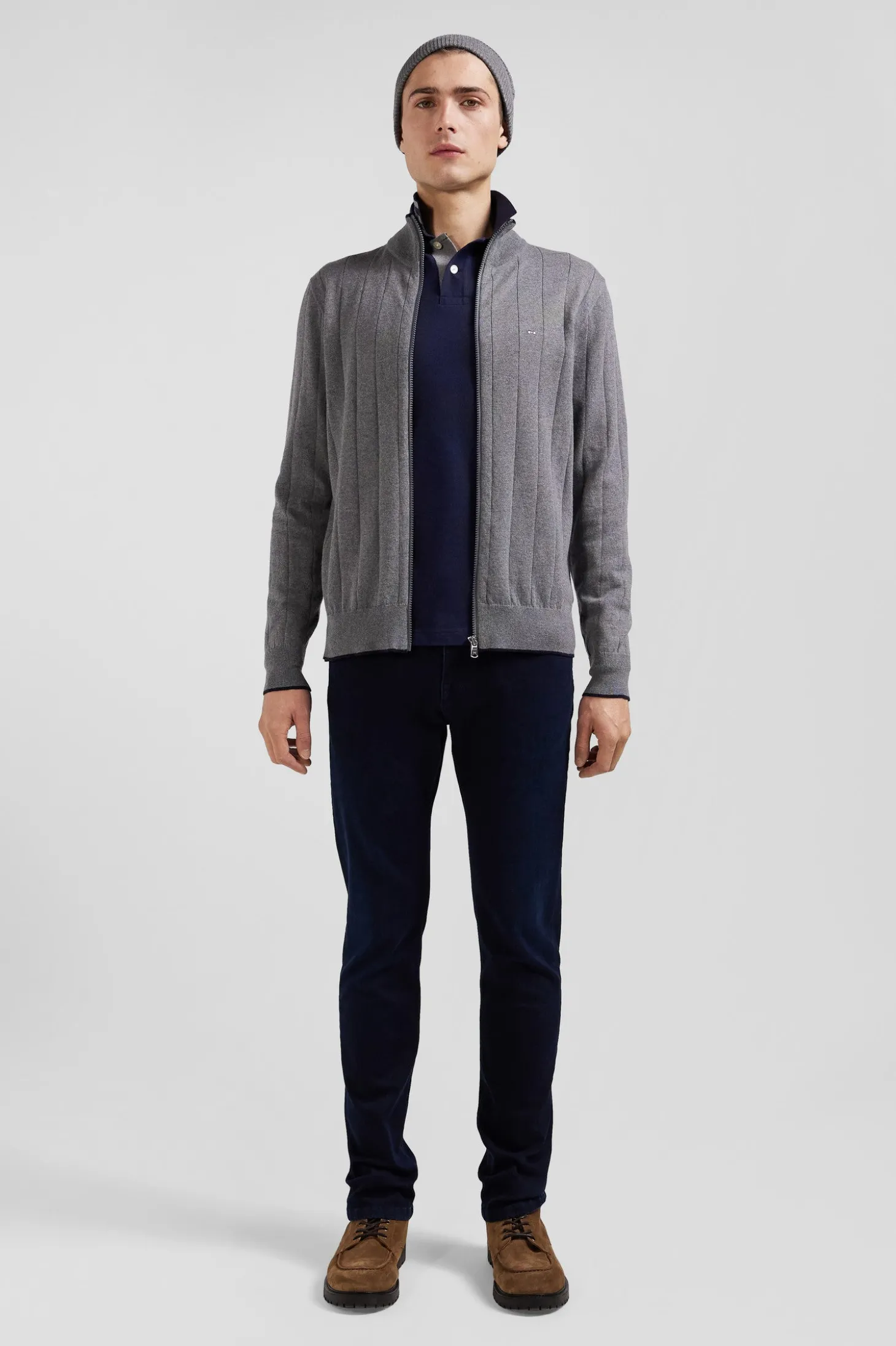 Regular grey cotton and cashmere zipped cardigan with vertical stripes