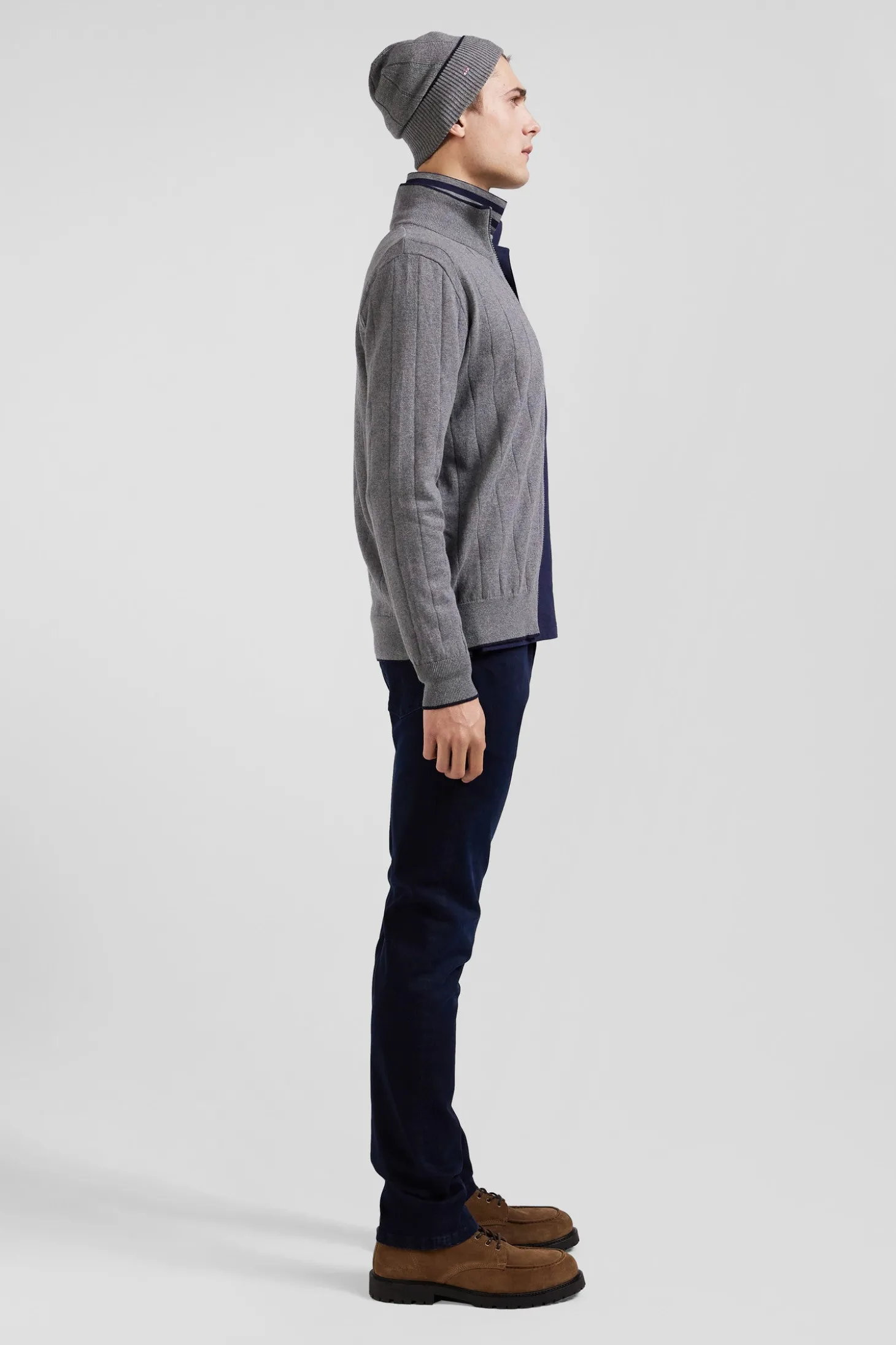 Regular grey cotton and cashmere zipped cardigan with vertical stripes