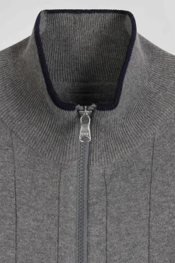 Regular grey cotton and cashmere zipped cardigan with vertical stripes