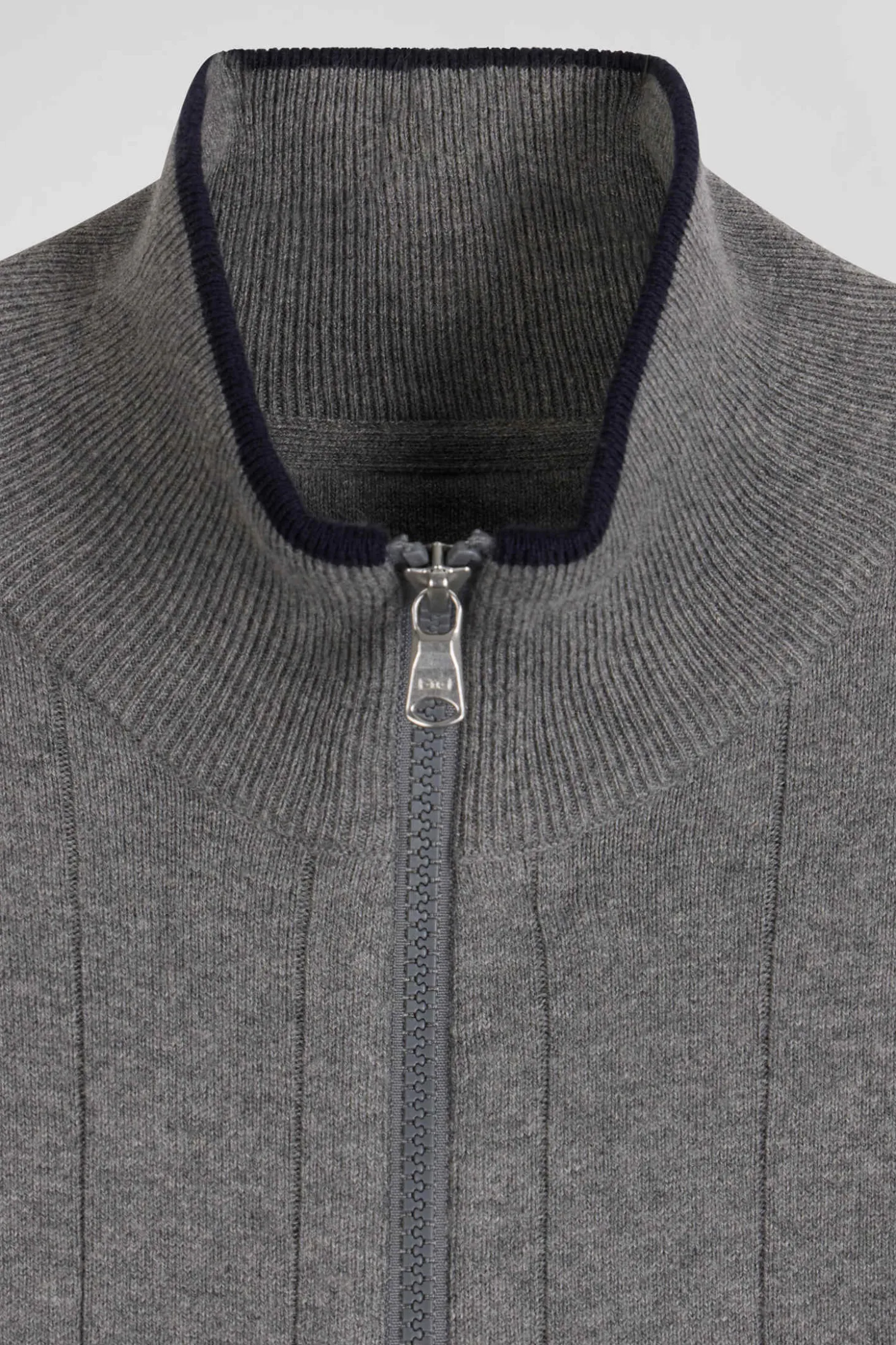 Regular grey cotton and cashmere zipped cardigan with vertical stripes