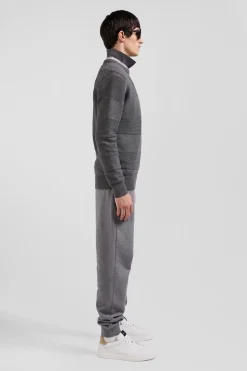 Regular grey cotton crew neck jumper with knit patterns