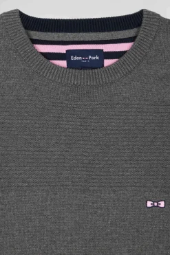 Regular grey cotton crew neck jumper with knit patterns