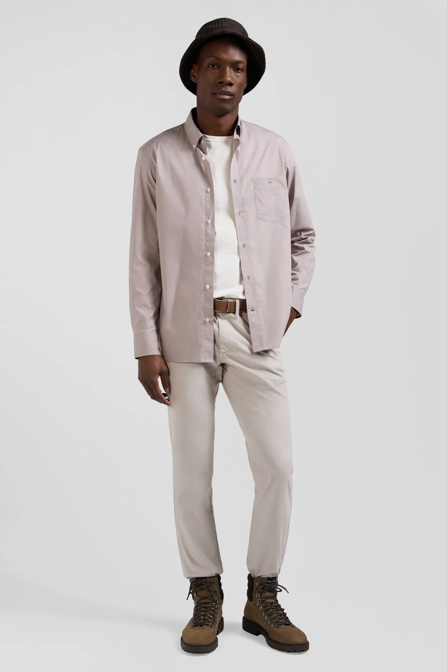 Regular grey cotton poplin shirt with button-down collar and printed elbow patches