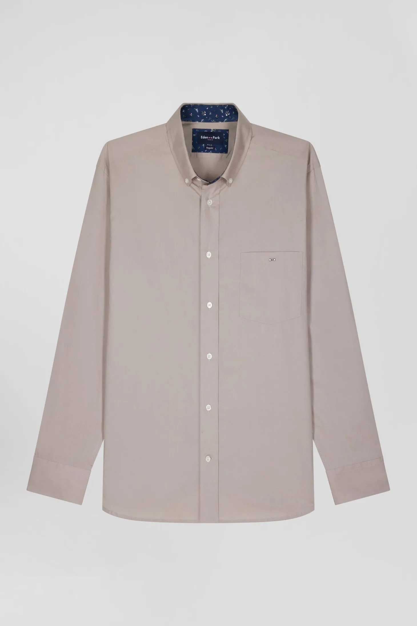Regular grey cotton poplin shirt with button-down collar and printed elbow patches