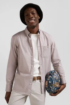 Regular grey cotton poplin shirt with button-down collar and printed elbow patches