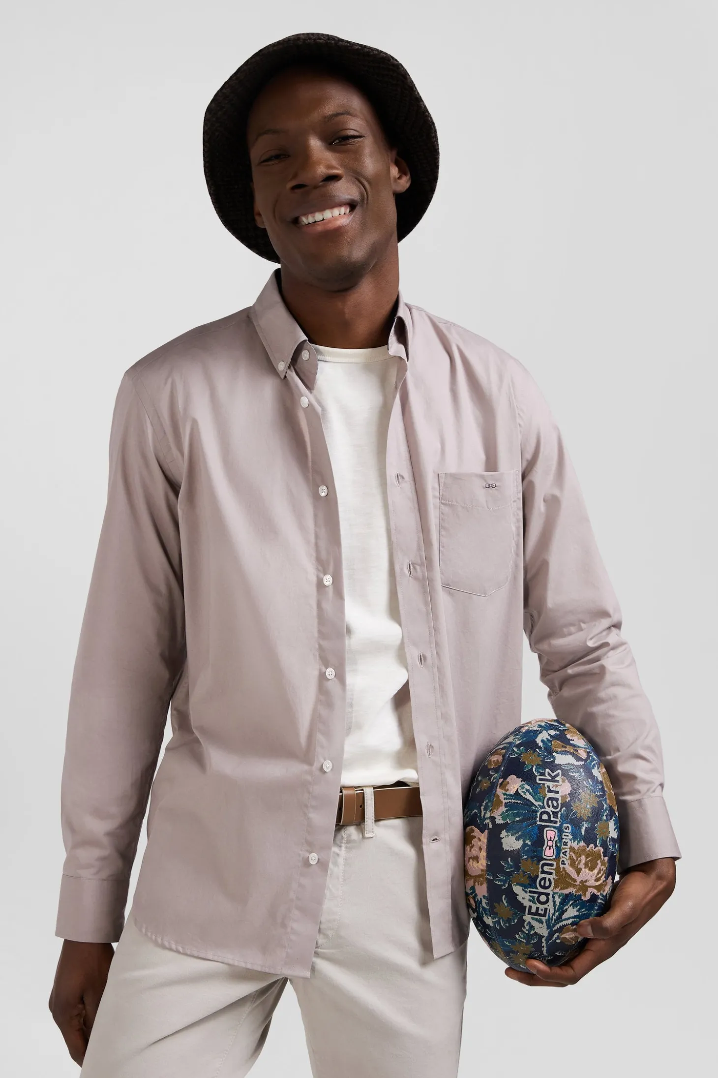 Regular grey cotton poplin shirt with button-down collar and printed elbow patches