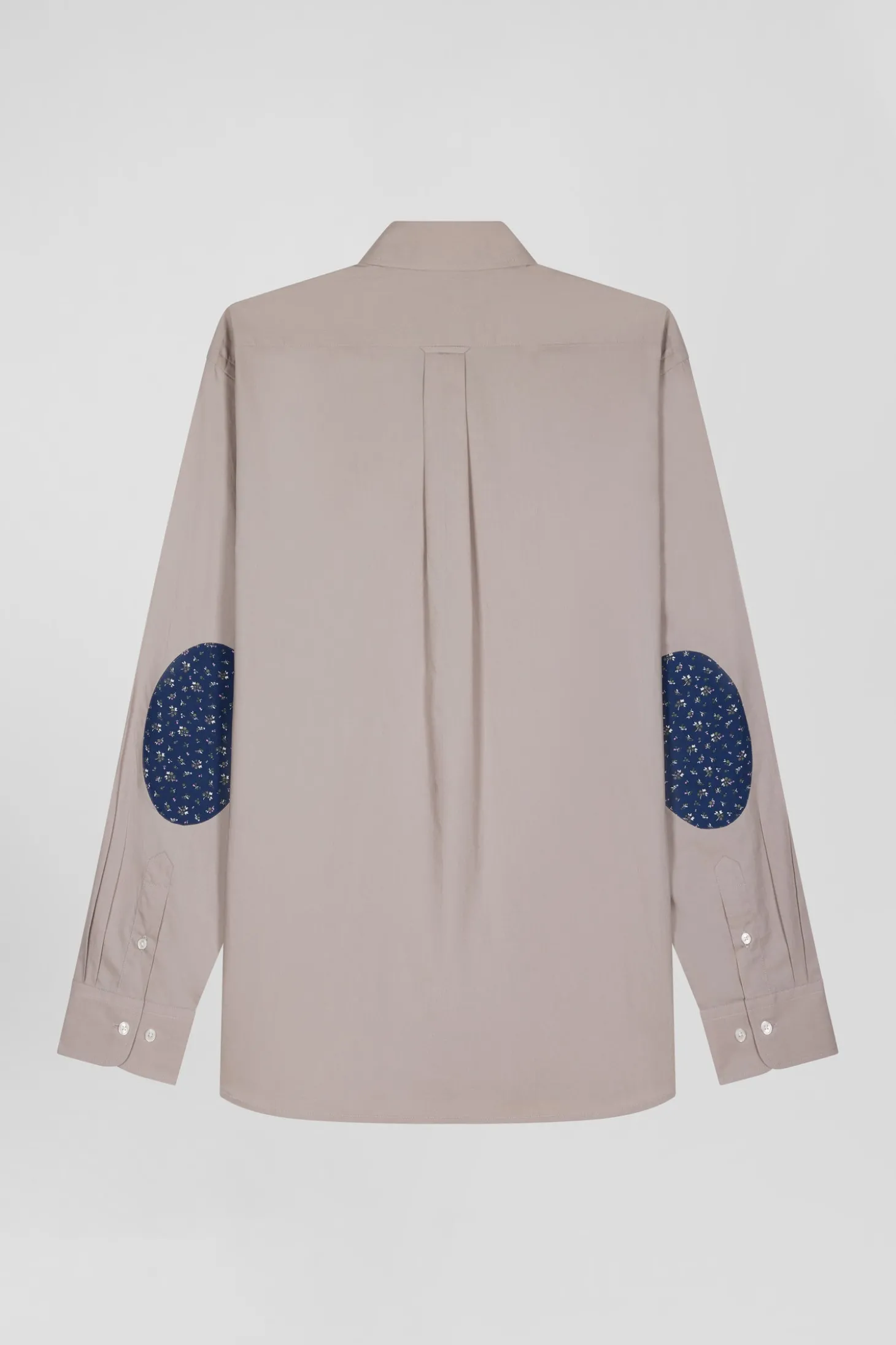 Regular grey cotton poplin shirt with button-down collar and printed elbow patches
