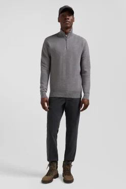 Regular grey cotton semi-zipped jumper