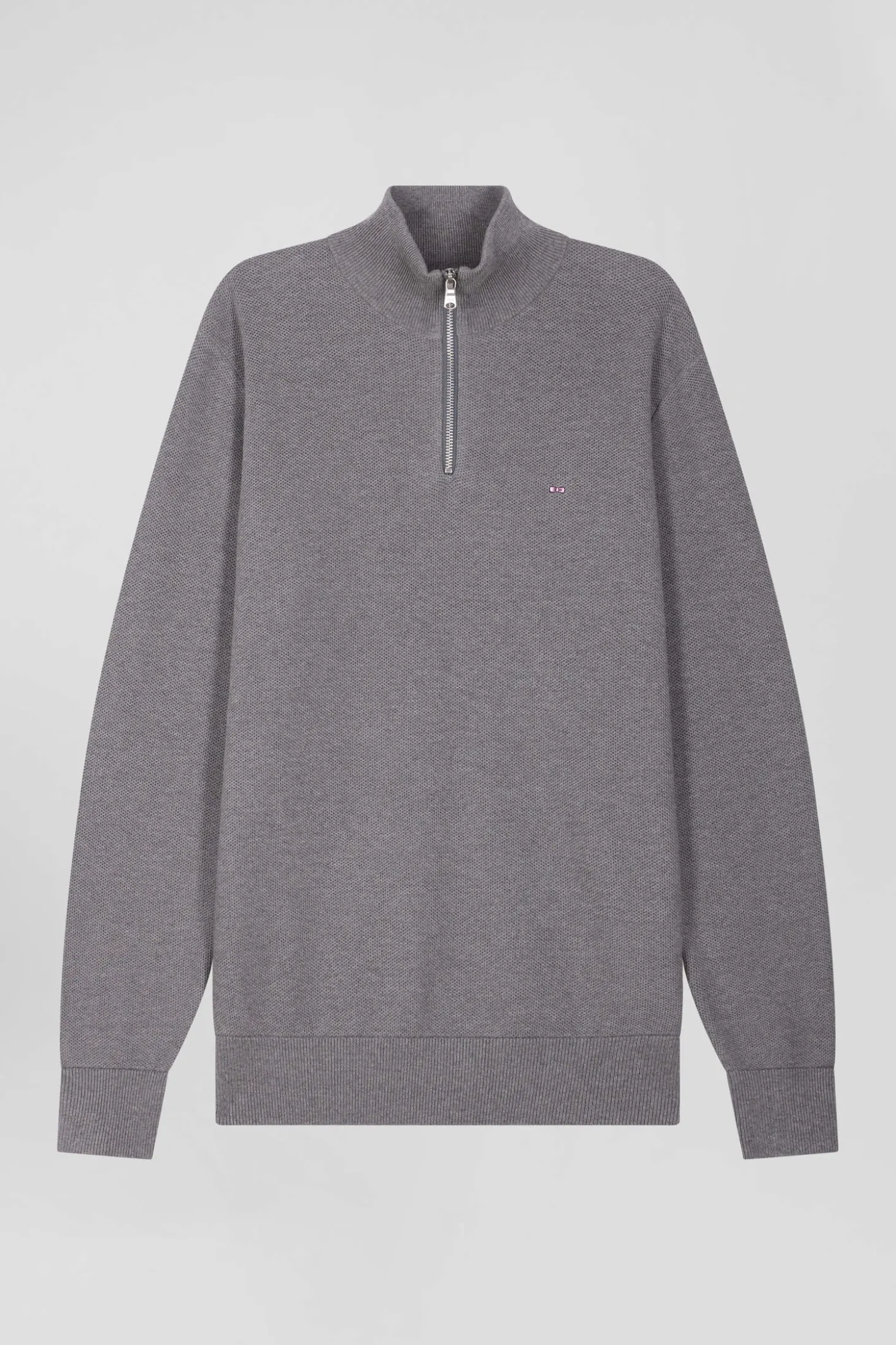 Regular grey cotton semi-zipped jumper