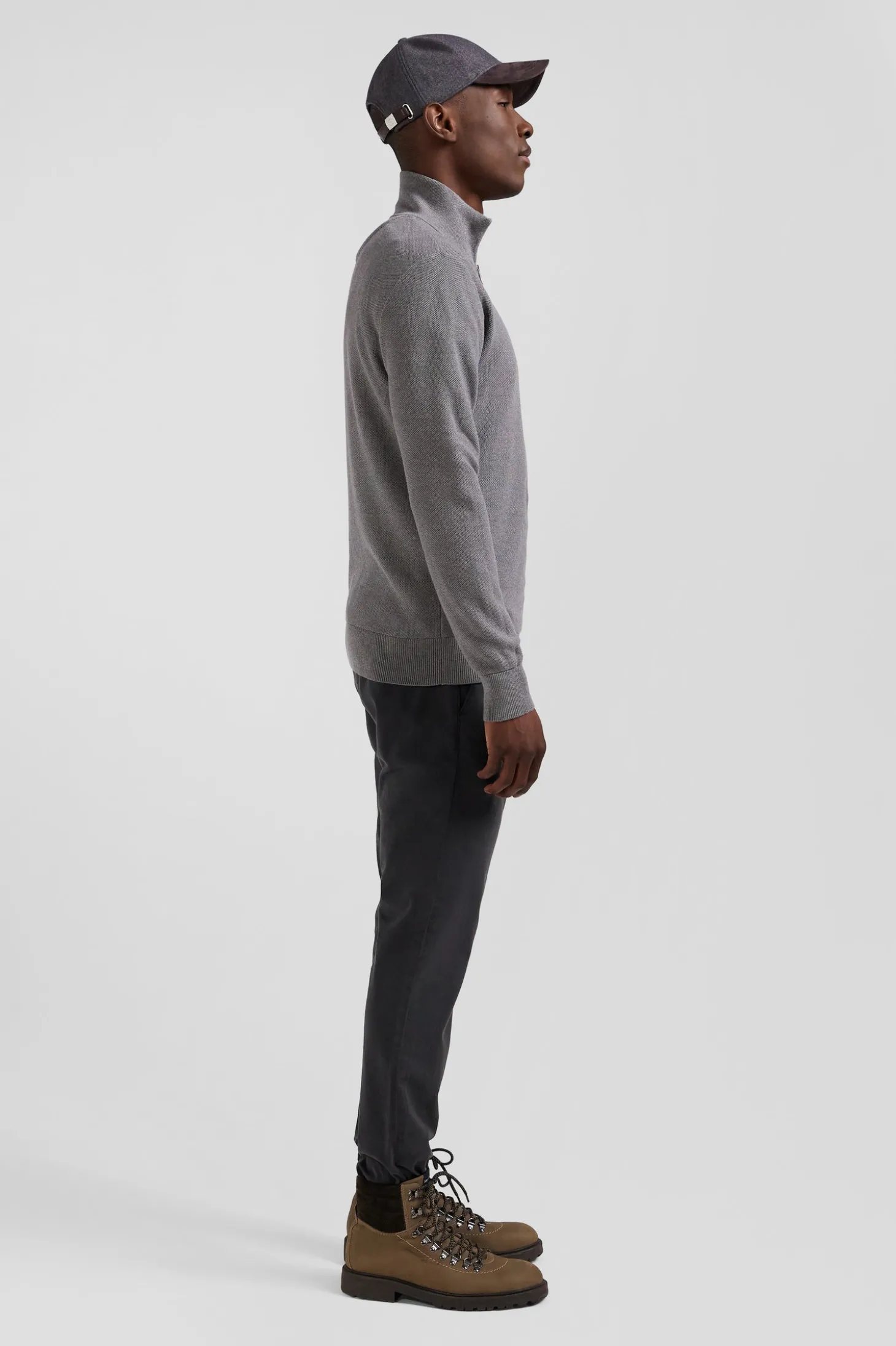 Regular grey cotton semi-zipped jumper