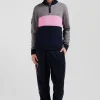 Regular grey embroidered semi-zipped colorblock cotton jumper