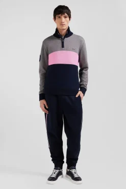 Regular grey embroidered semi-zipped colorblock cotton jumper