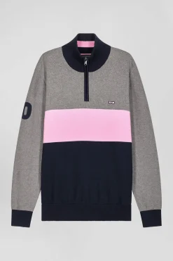 Regular grey embroidered semi-zipped colorblock cotton jumper