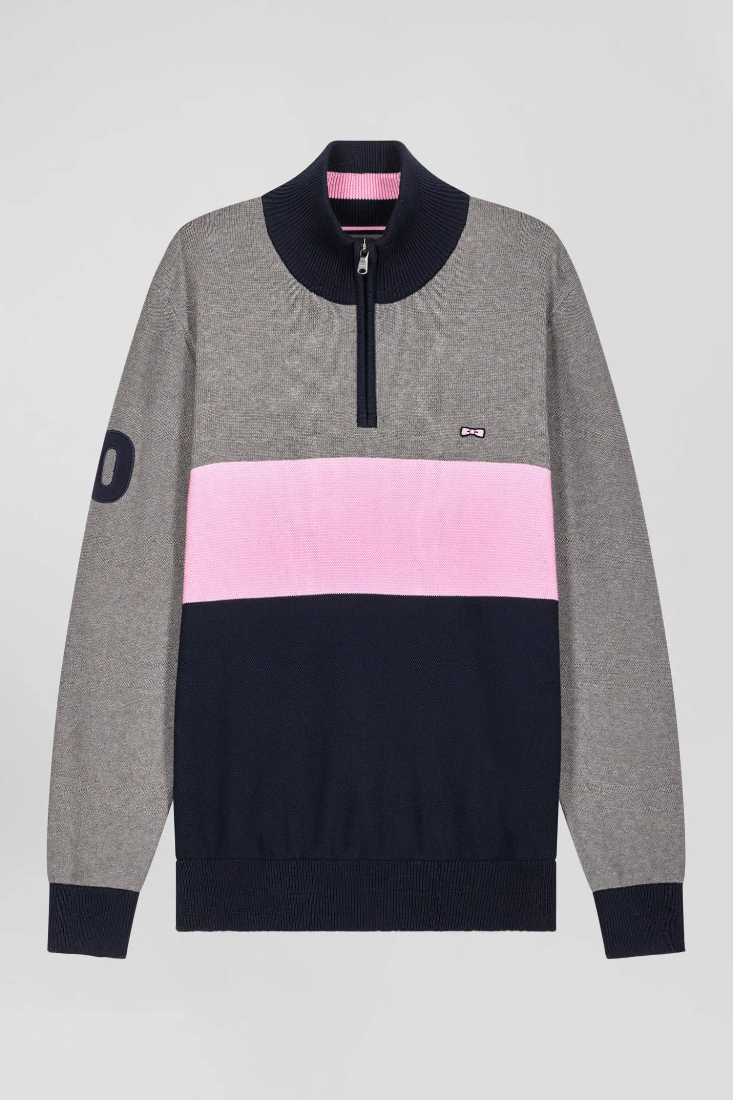 Regular grey embroidered semi-zipped colorblock cotton jumper