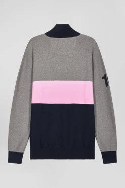 Regular grey embroidered semi-zipped colorblock cotton jumper