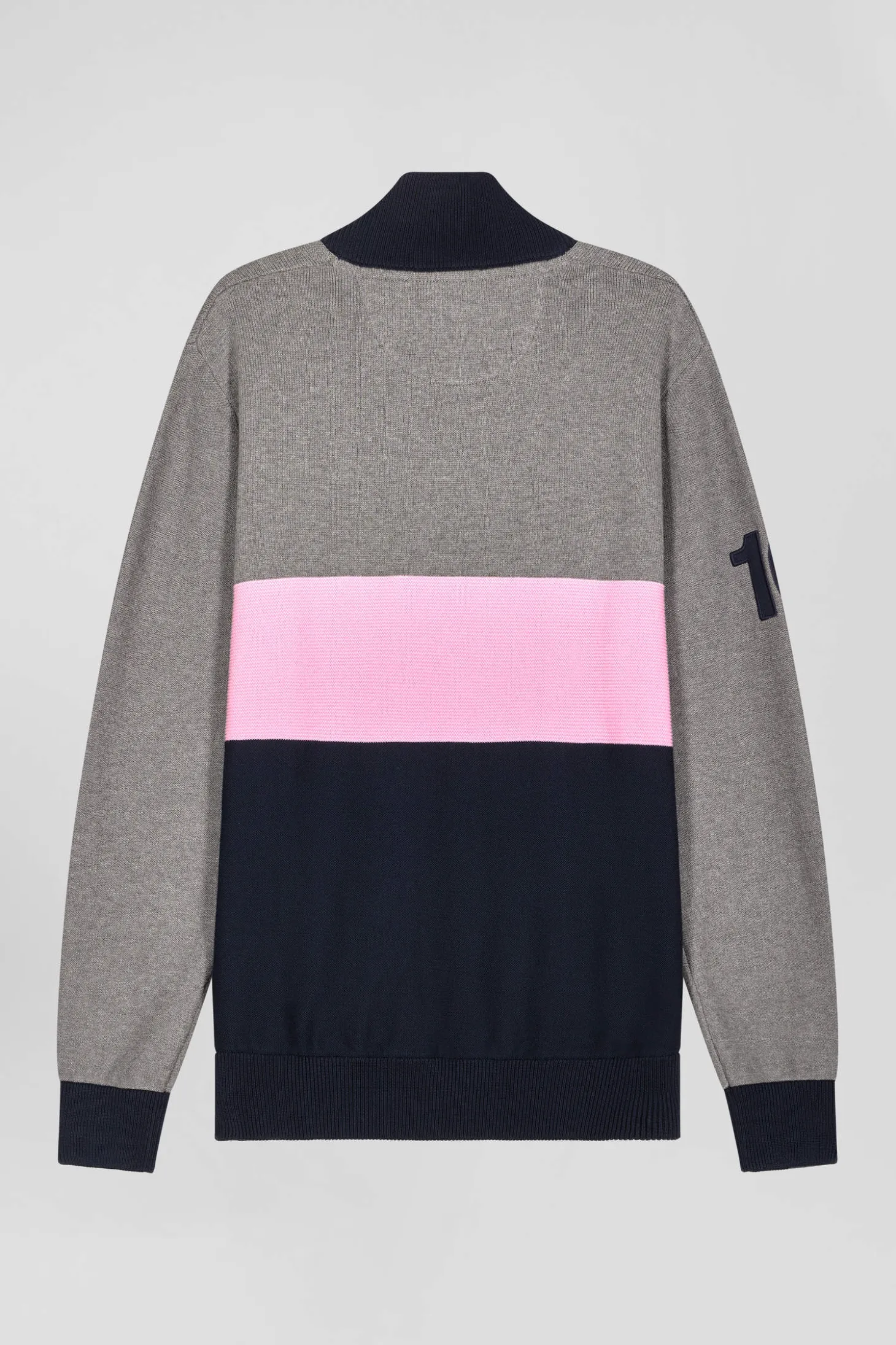 Regular grey embroidered semi-zipped colorblock cotton jumper