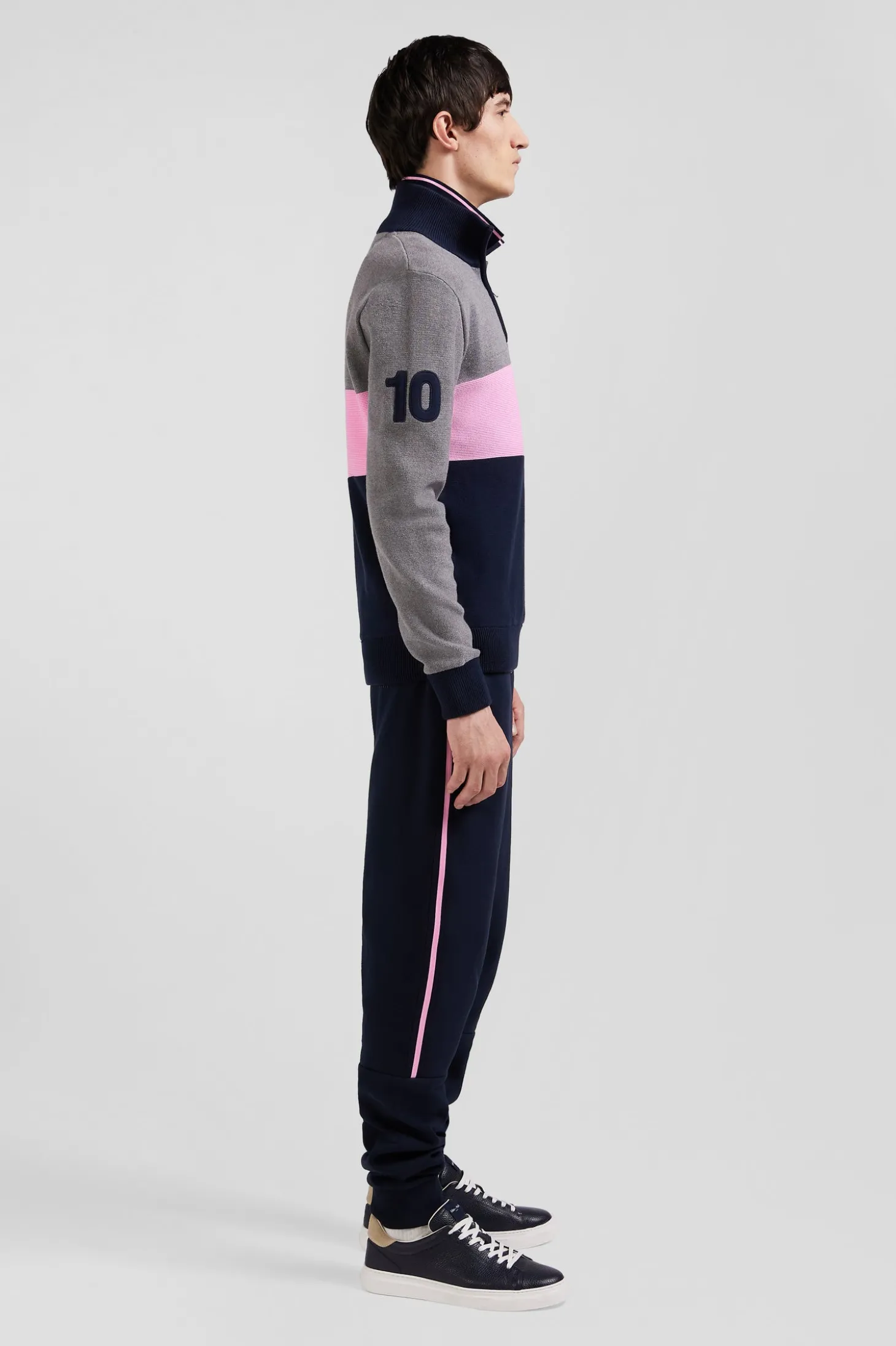 Regular grey embroidered semi-zipped colorblock cotton jumper