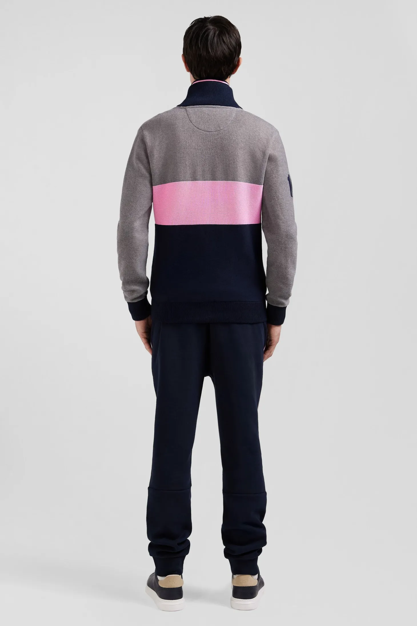 Regular grey embroidered semi-zipped colorblock cotton jumper