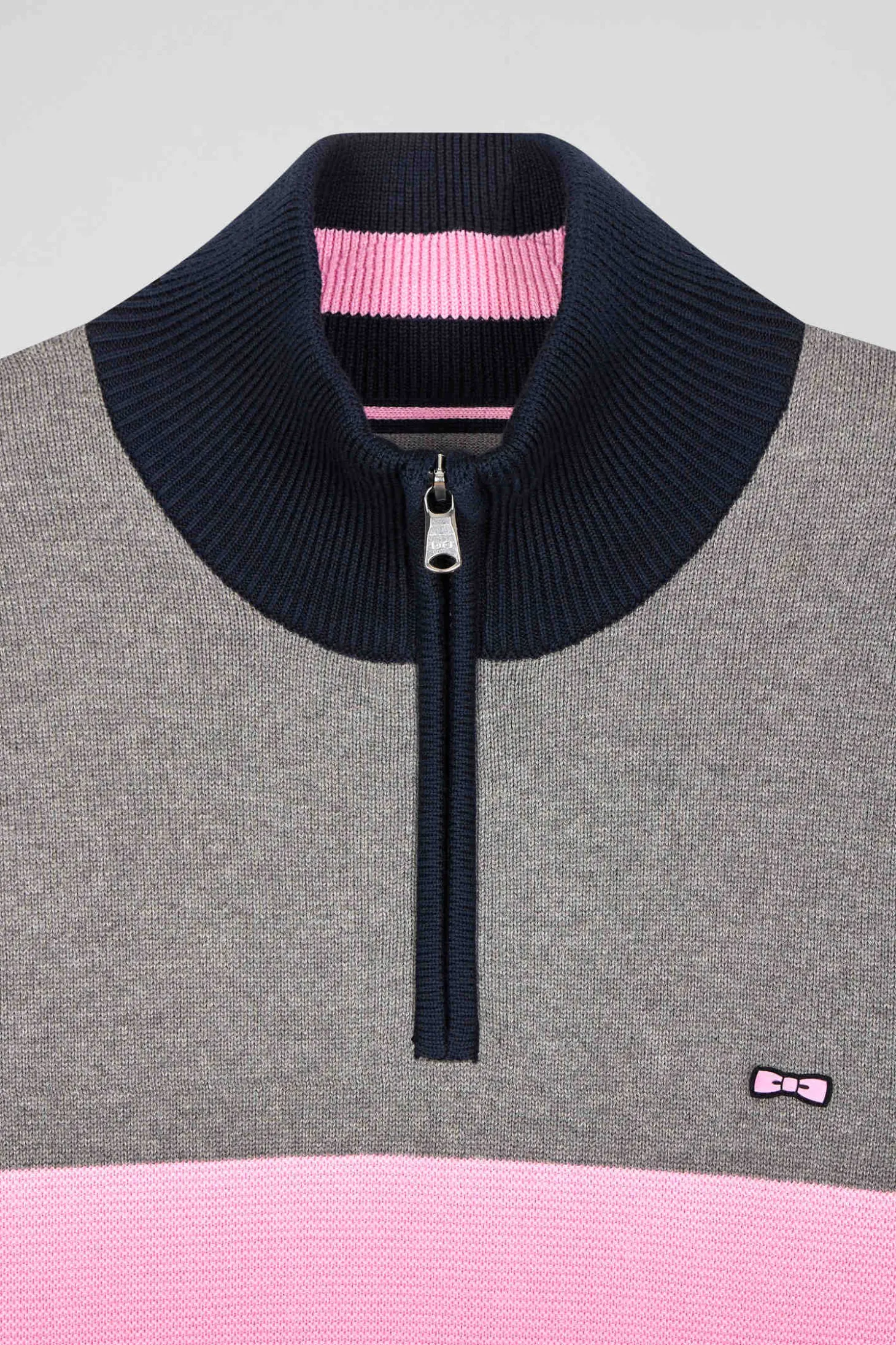 Regular grey embroidered semi-zipped colorblock cotton jumper