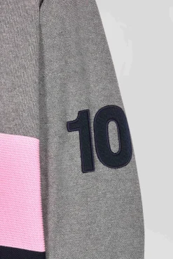 Regular grey embroidered semi-zipped colorblock cotton jumper