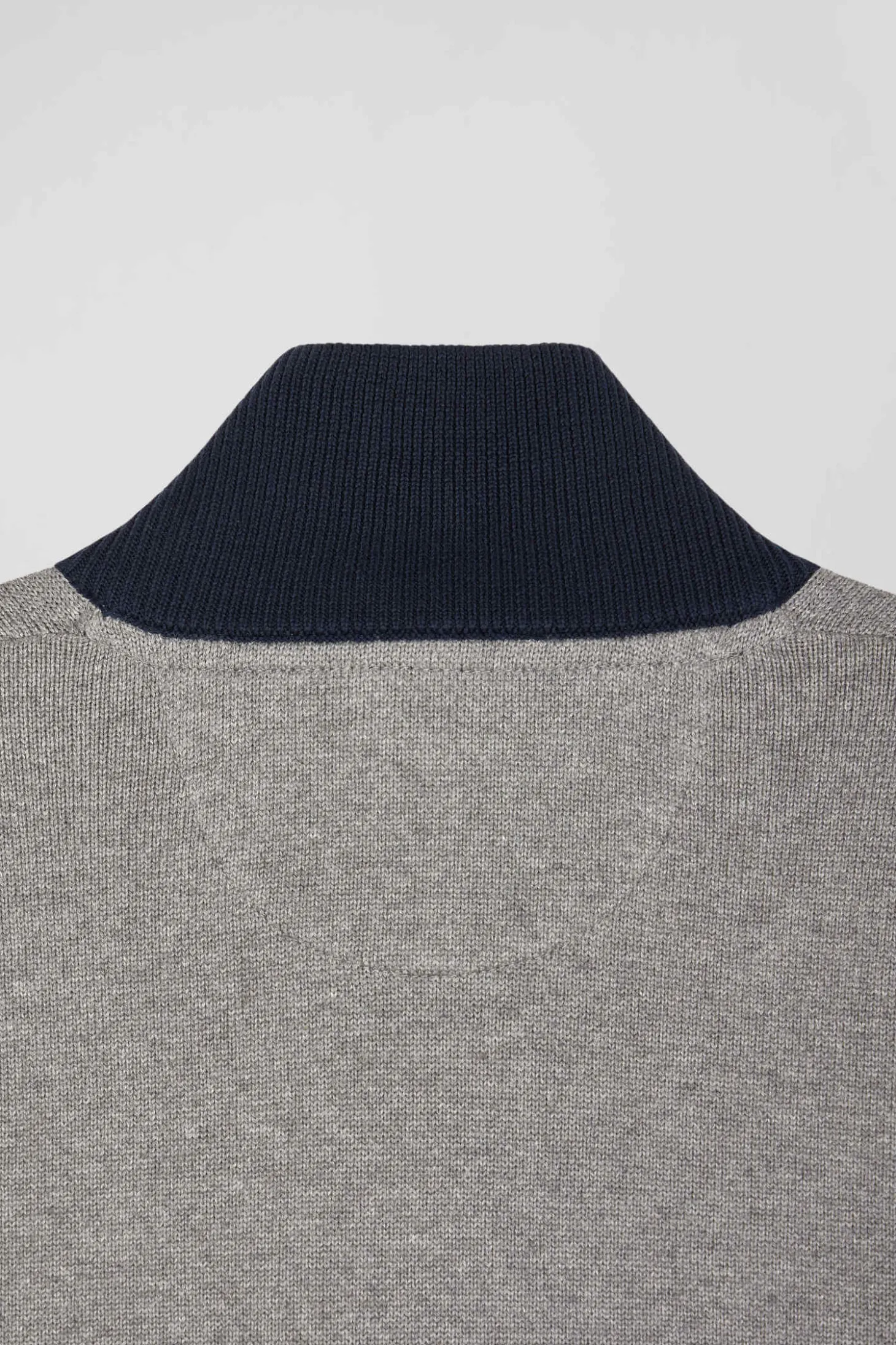Regular grey embroidered semi-zipped colorblock cotton jumper