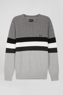 Regular grey fancy knit cotton crew neck jumper