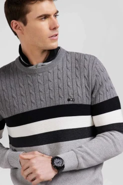 Regular grey fancy knit cotton crew neck jumper