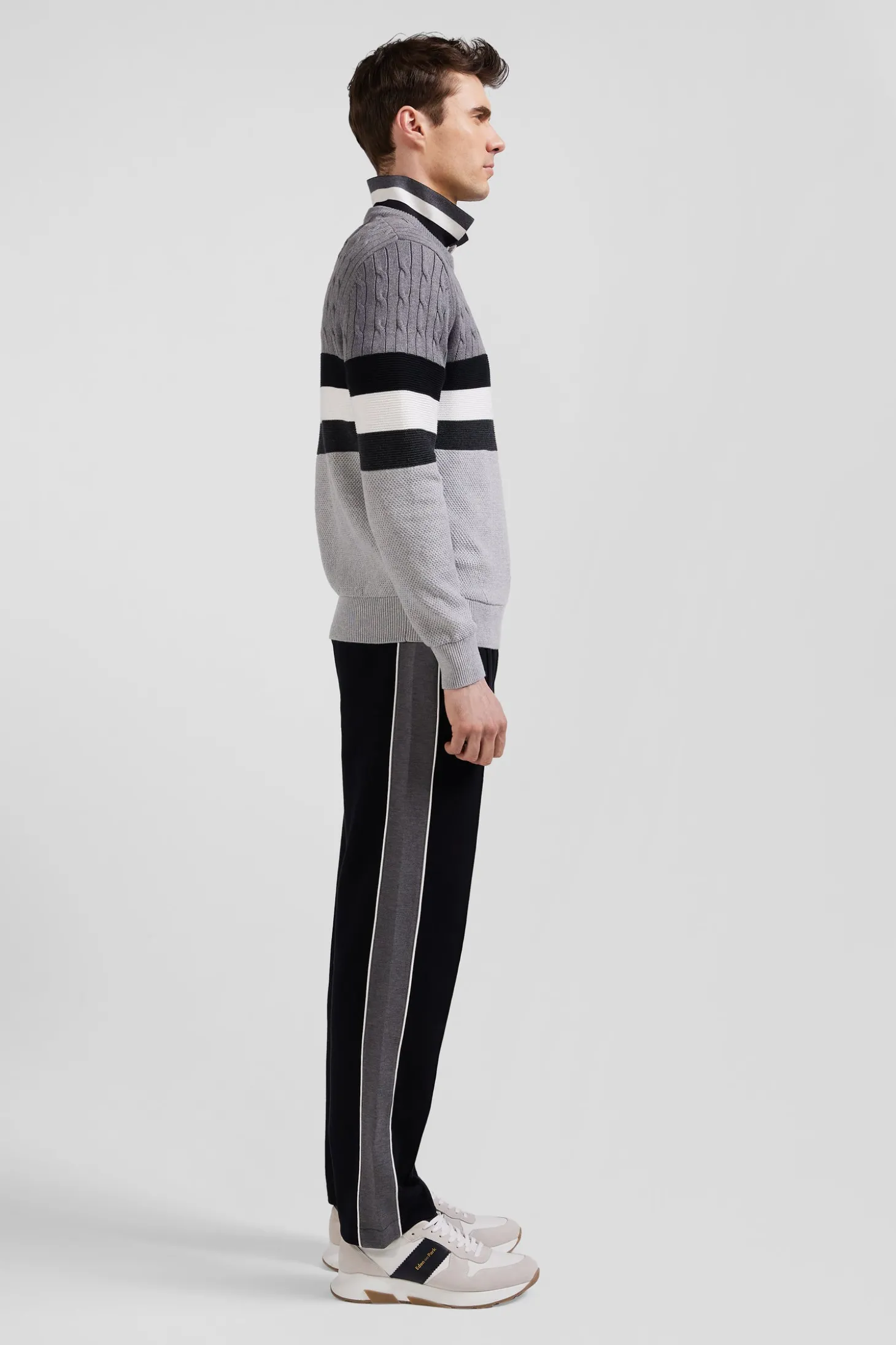 Regular grey fancy knit cotton crew neck jumper