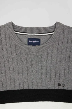 Regular grey fancy knit cotton crew neck jumper
