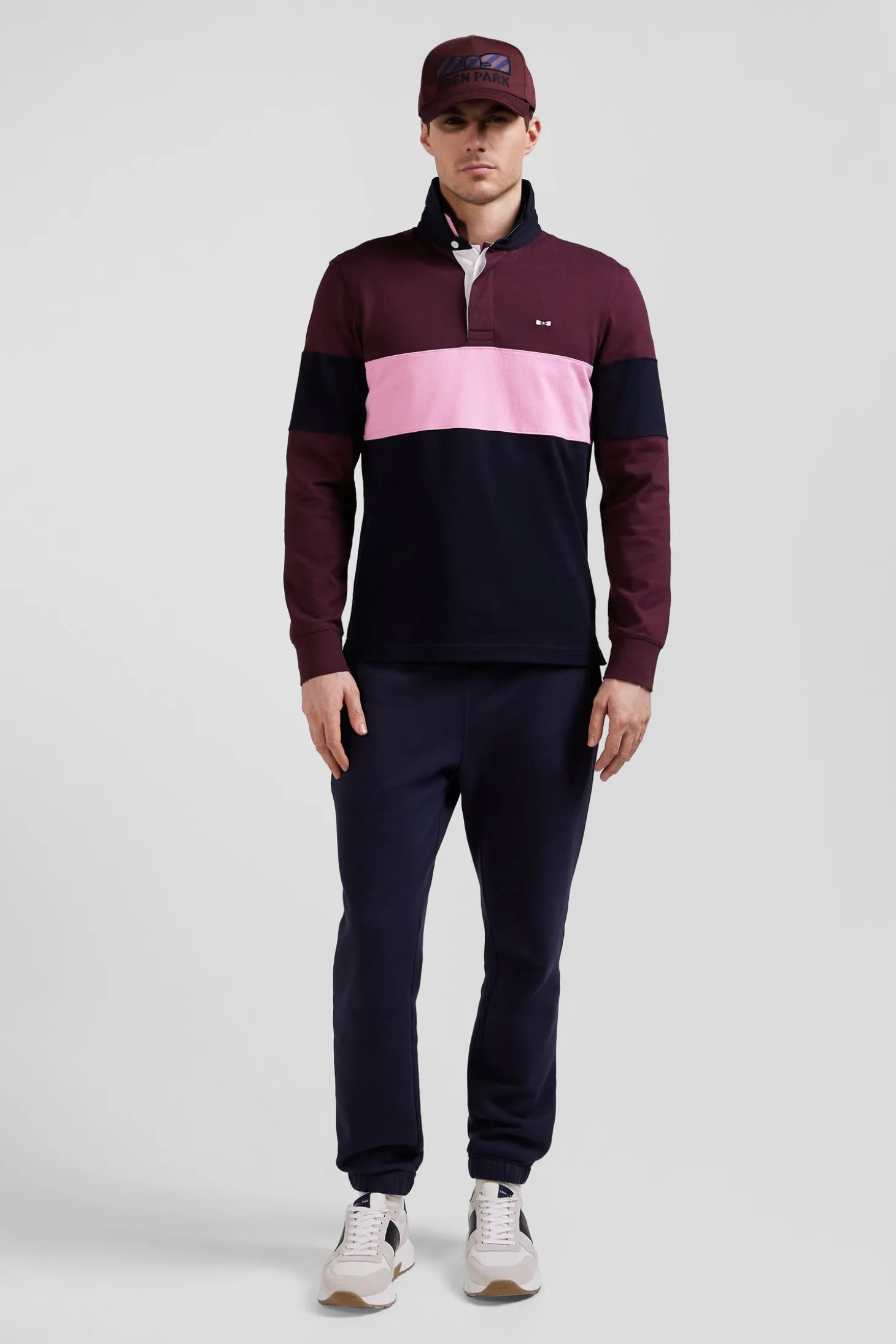 Regular grey long-sleeved colourblock cotton rugby shirt with back embroidery