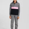 Regular grey long-sleeved cotton piqué polo shirt with pink stripe and N°10 embroidery