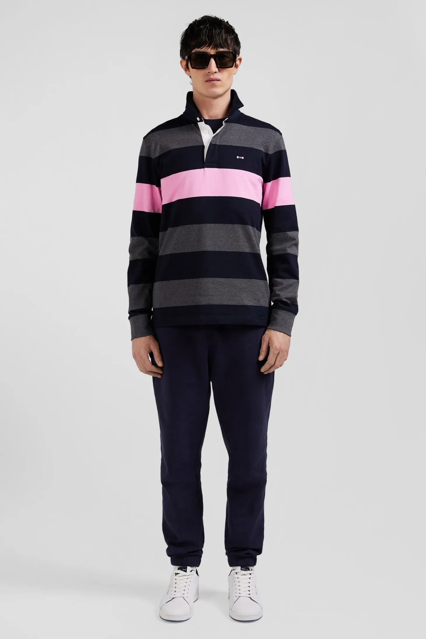 Regular grey long-sleeved striped cotton rugby shirt