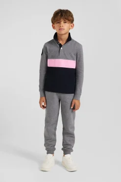 Regular grey long-sleeved cotton piqué polo shirt with pink stripe and N°10 embroidery