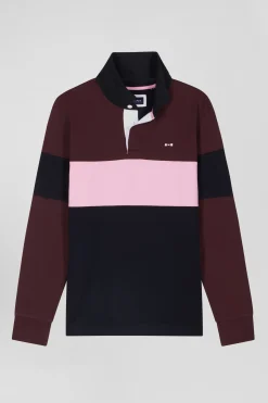 Regular grey long-sleeved colourblock cotton rugby shirt with back embroidery