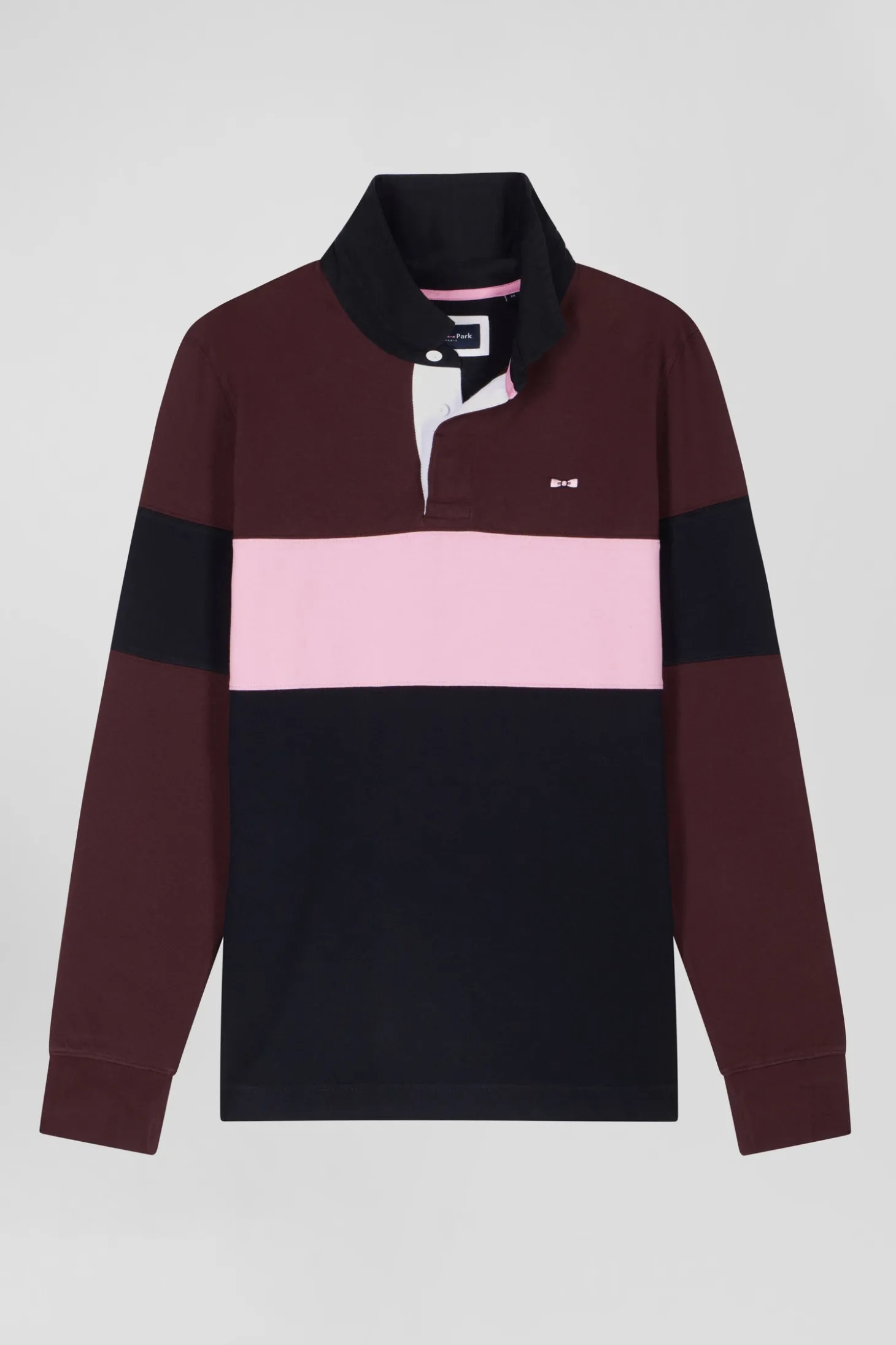 Regular grey long-sleeved colourblock cotton rugby shirt with back embroidery
