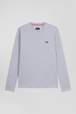 Regular grey long-sleeved cotton T-shirt with striped bow tie embroidery
