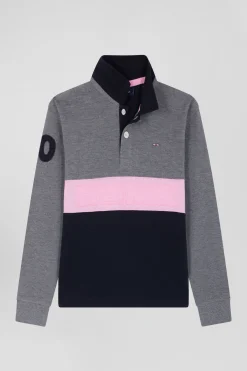 Regular grey long-sleeved cotton piqué polo shirt with pink stripe and N°10 embroidery